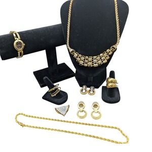 8 pc Gold Tone Rhinestone Watch, Festive Necklace, Slide, 4 Earring Sets, Chain